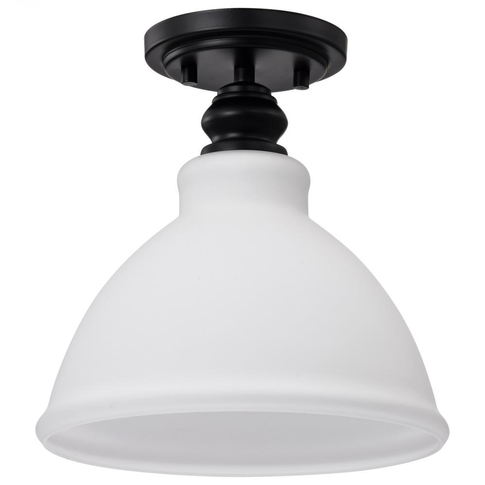 Russel; 10 Inch Semi Flush Mount; Matte Black with Satin White Glass