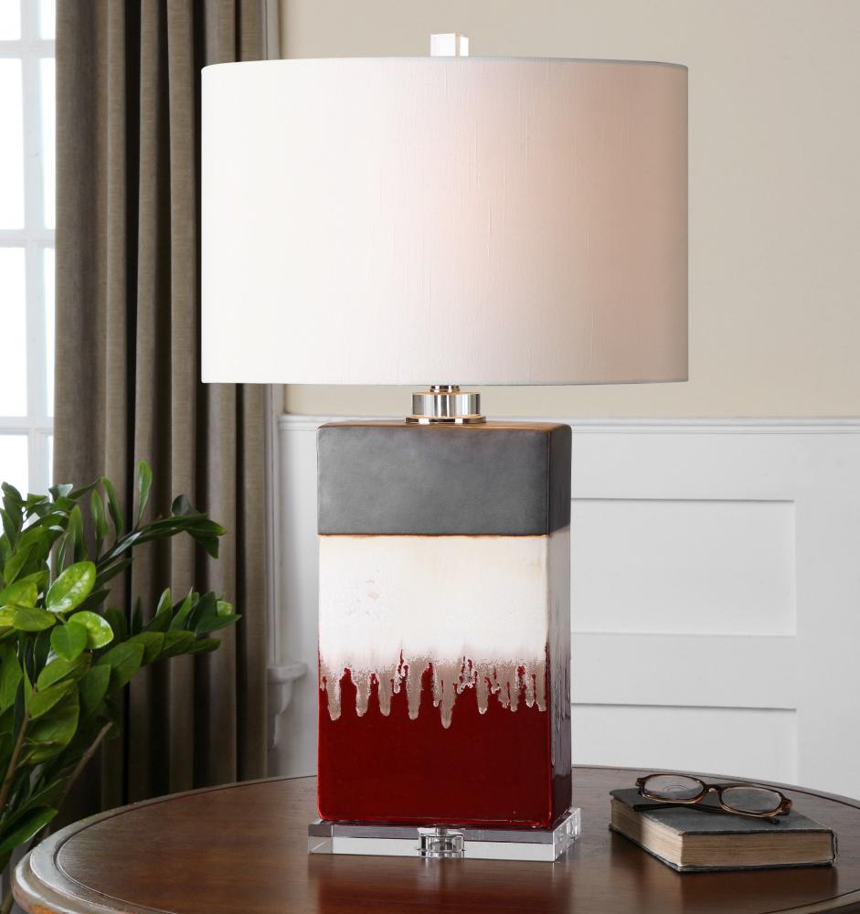 One Light Rust Red Glaze With An Ivory Drip And Topped With A Dark Charcoal Bronze Table Lamp